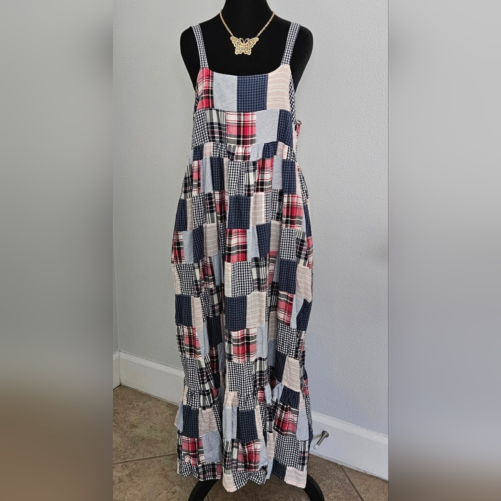 Fairhope Patchwork Plaid Maxi Dress Medium Boho Cottagecore Tiered Pockets